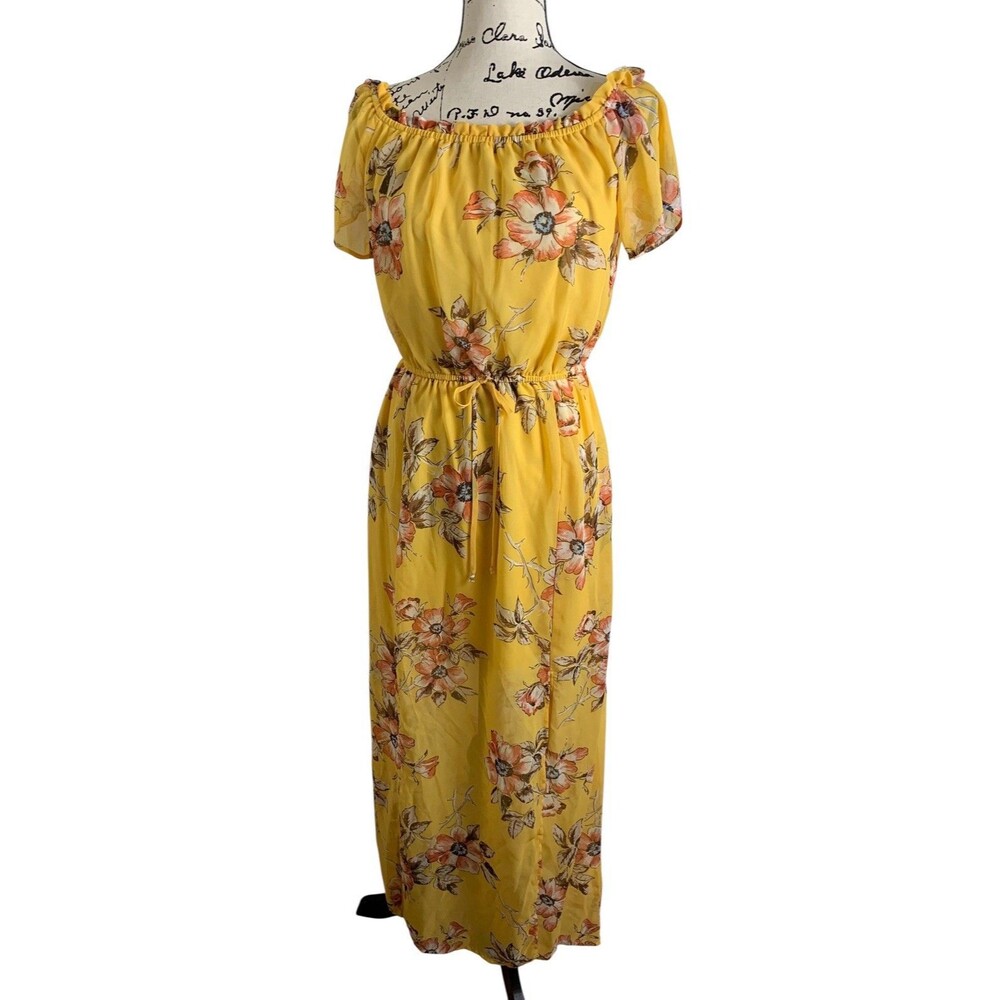 Bebop Midi/Maxi Dress Size M Yellow Floral Short Sleeve Lined